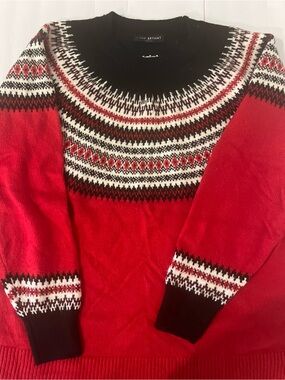 Lane Bryant Red Fair Isle Crewneck Sweater with Black and White Yoke
